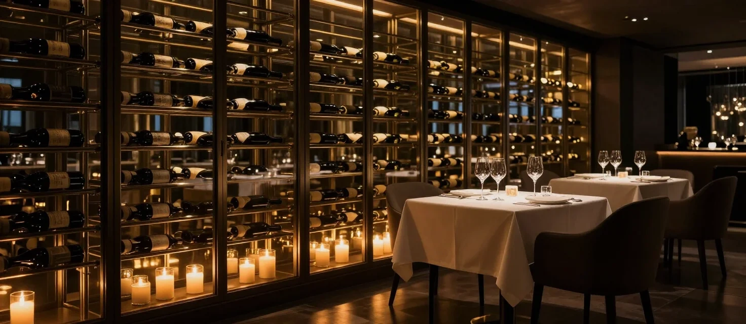 Imagem de referência de uma vinoteca iluminada, com garrafas, taças e mesas postas